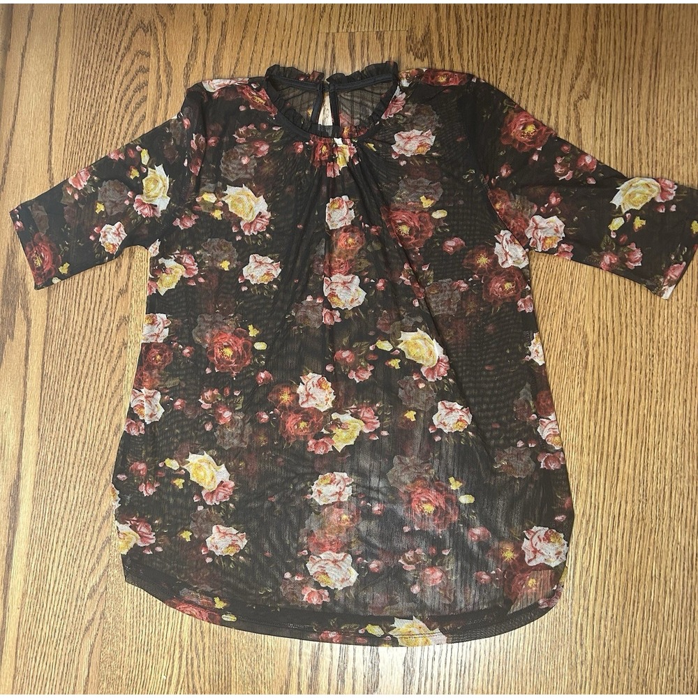 Black floral mesh top with ruffle neckline goth festival sheer size S or XS